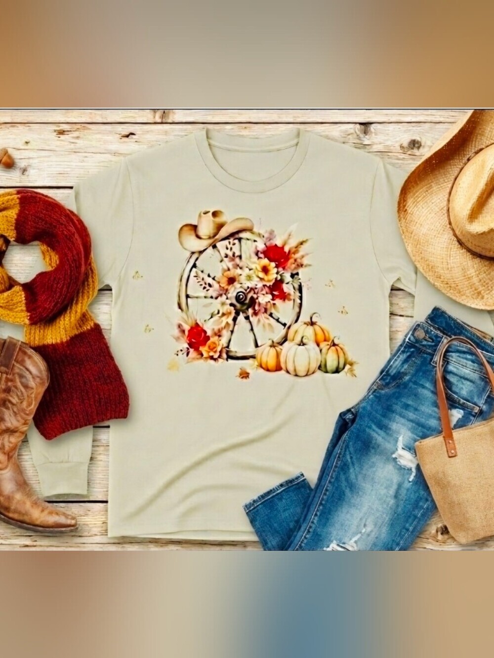 Fall Harvest Wagon Wheel Long Sleeve Tee Western Cowgirl Autumn Shirt